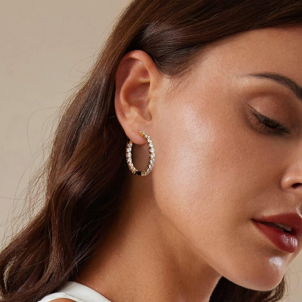 Gold Hoop Earrings for Women 14K Gold Plated Cubic Zirconia Hoop Earrings for Wo - Picture 2 of 7